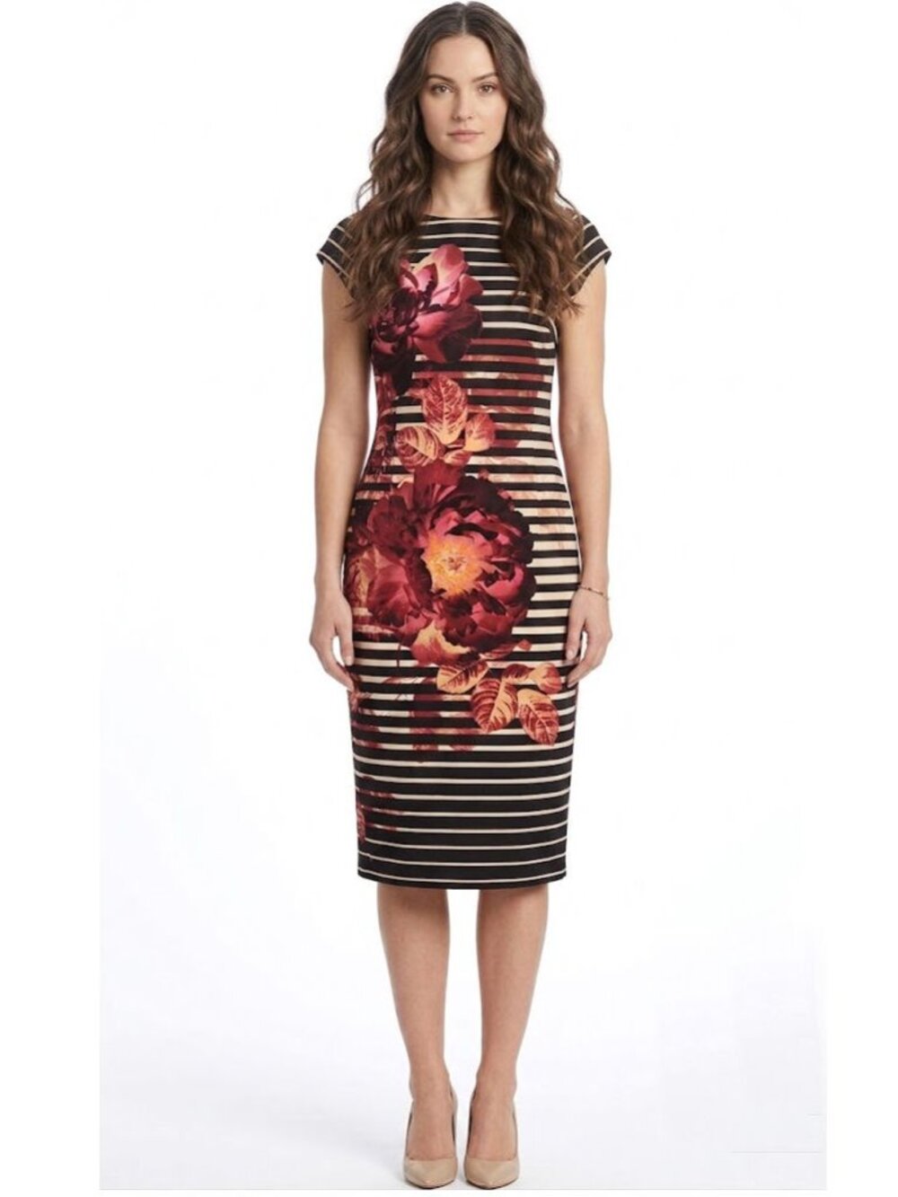 ECI New York Striped & Floral Midi Sheath Dress, Multicolor, Womens Size 6 US